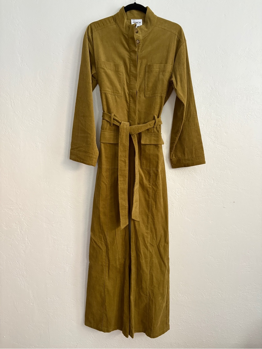 FRNCH Olive Corduroy Tie-waist Flare Leg Jumpsuit